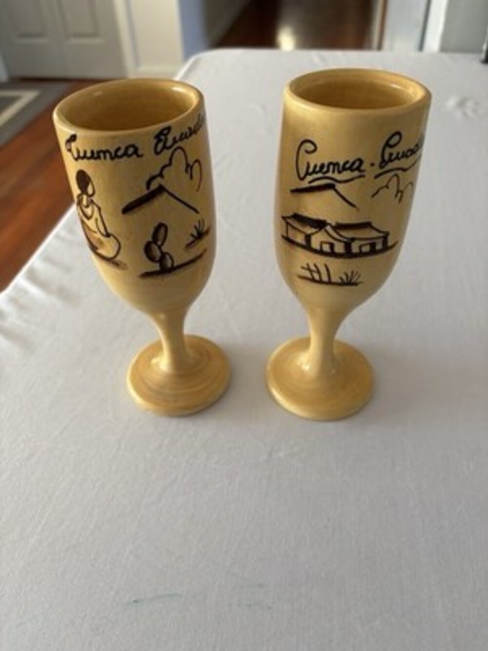 Cuenca Ecuador Hand Painted Set of 2 Wooden Goblets